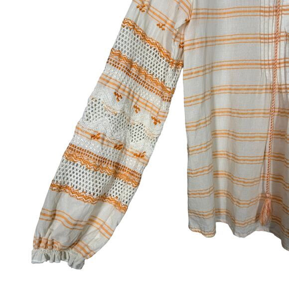 Sundance Sunset Stripes Top Small Lace Up Embroidered Blouse White Orange Boho - Picture 5 of 6